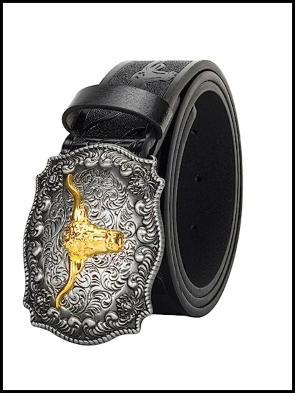 Western PU-Leather Cowboy Belt with Engraved Floral Longhorn Bull Buckle for